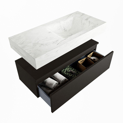Mondiaz ALAN-DLUX Ensemble de meuble - 100cm - meuble Urban mat - 1 tiroir - Lavabo Cloud Opalo suspendu - vasque Droite - 0 trous de robinet SW806421