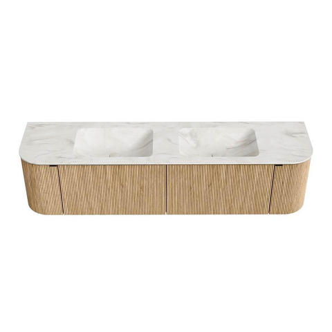 MONDIAZ KURVE-DLUX meuble de salle de bains 180 cm avec module 25 Len R couleur chêne avec 2 tiroirs et 2 portes. Lavabo LEAF double 2 trous de robinet couleur Ostra. SW1137806