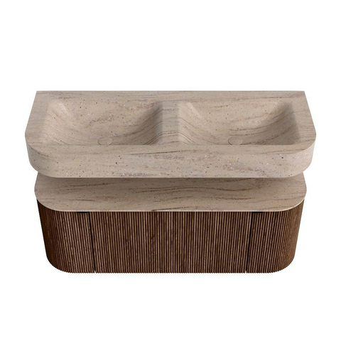 MONDIAZ THOR-DLUX 120cm badmeubel ronding links + rechts kleur Walnut met 1 lade en 2 deuren. Vrijhangende wastafel CLOUD Dubbel zonder kraangat kleur Saba. SW1463559