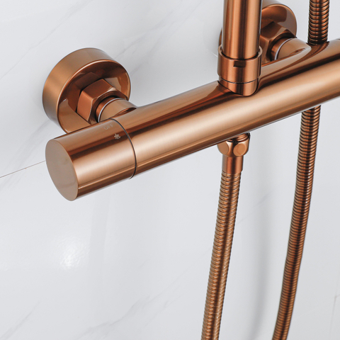 Fortifura Calvi Ensemble de douche pluie - thermostatique - douche principale de 25 cm - flexible en métal - douchette ronde - Cuivre brossé PVD (Cuivre) SW1204399