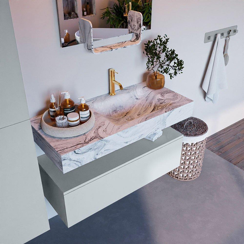 Mondiaz ALAN-DLUX Ensemble de meuble - 100cm - meuble Clay mat - 1 tiroir - Lavabo Cloud Glace suspendu - vasque Droite - 1 trou de robinet SW806100