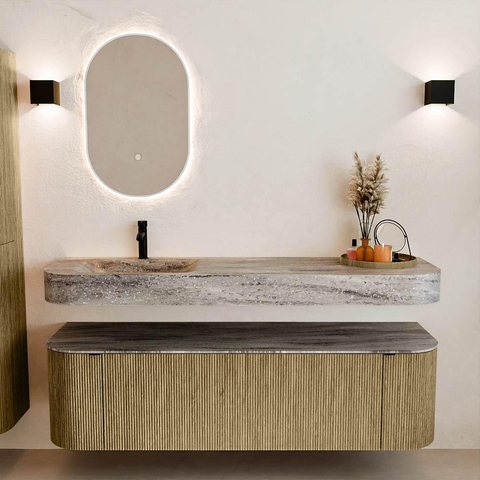 MONDIAZ THOR-DLUX Meuble de salle de bains 160cm arrondi gauche + droite couleur Dusk avec 1 tiroir et 2 portes. Vasque suspendue CLOUD Gauche 1 trou de robinet couleur Oza. SW1465310