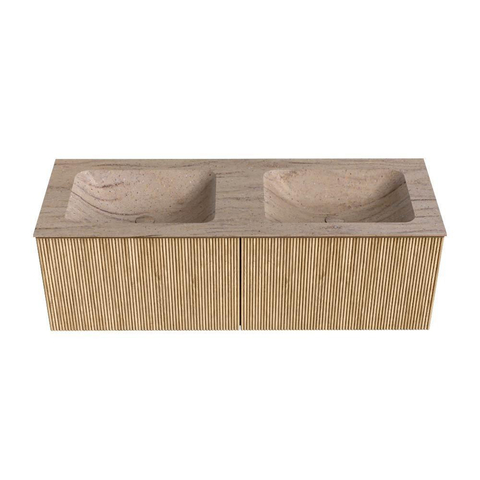 MONDIAZ KURVE-DLUX Meuble de salle de bains 130 cm couleur Oak avec 2 tiroirs et 0 portes. Lavabo LEAF Double sans trou de robinet Saba. SW1433104