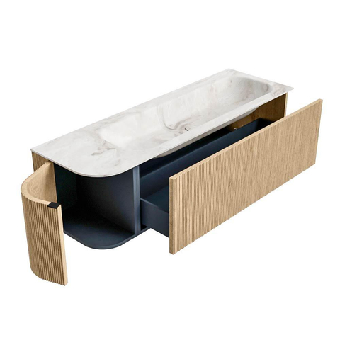 MONDIAZ KURVE-DLUX 145cm meuble de salle de bains avec module 25 L couleur Oak avec 1 tiroir et 1 porte. Lavabo BIG LARGE à droite 2 trous de robinet couleur Frappe. SW1137365