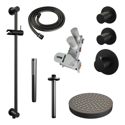 BRAUER Stripe Douche de pluie thermostatique encastrée - SET 09 - pomme de douche 25cm - bras plafond - douchette à main sur barre - flexible de douche - barre coulissante intégrée - noir mat SW1435136