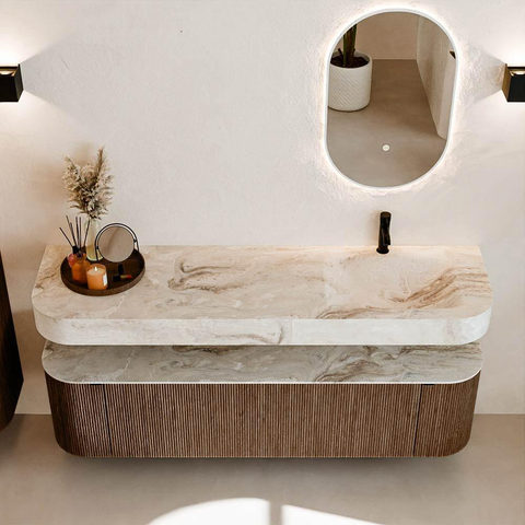 MONDIAZ THOR-DLUX 170cm badmeubel ronding links + rechts kleur Walnut met 1 lade en 2 deuren. Vrijhangende wastafel CLOUD Rechts 1 kraangat kleur Frappe. SW1465555