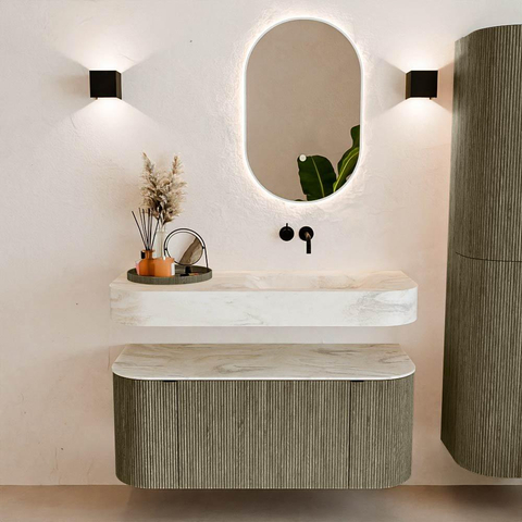 MONDIAZ THOR-DLUX 110cm badmeubel ronding links + rechts kleur Shadow met 1 lade en 2 deuren. Vrijhangende wastafel CLOUD Rechts zonder kraangat kleur Ostra. SW1462892