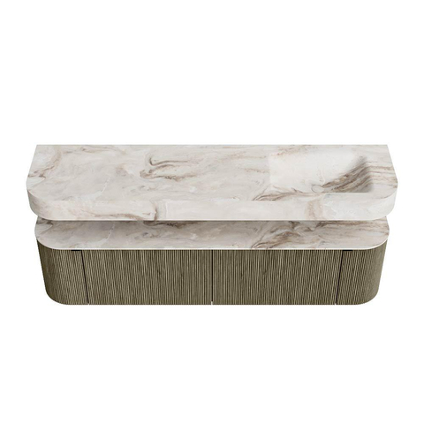 MONDIAZ THOR-DLUX 180cm meuble de salle de bains arrondi gauche + droite couleur Shadow avec 2 tiroirs et 2 portes. Vasque suspendue CLOUD Droite 1 trou de robinet couleur Frappe. SW1466060