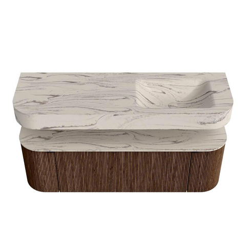 MONDIAZ THOR-DLUX 140cm meuble de salle de bains arrondi gauche + droite couleur Walnut avec 1 tiroir et 2 portes. Vasque suspendue CLOUD droite sans trou de robinet couleur Nata. SW1464473