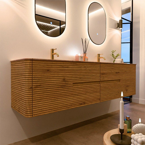 Mondiaz CIRO-DLUX Meuble de salle de bains - 190x45x50cm - Plan vasque Solid surface Saba - 2 vasques Double - 2 trous de robinetterie - 4 tiroirs - Chêne SW1531237