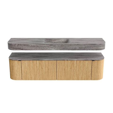 MONDIAZ THOR-DLUX 180cm meuble de salle de bains arrondi gauche + droite couleur Oak avec 2 tiroirs et 2 portes. Vasque suspendue CLOUD Milieu 1 trou de robinet couleur Oza. SW1466346