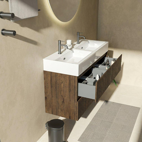 Saniclass Holz Atelier Ensemble de meubles de salle de bains - 120x45x72cm - lavabo Legend en céramique blanc - 2 vasques - 2 trous de robinet - 2 tiroirs - chêne charcoal mat (bois) SW1478524