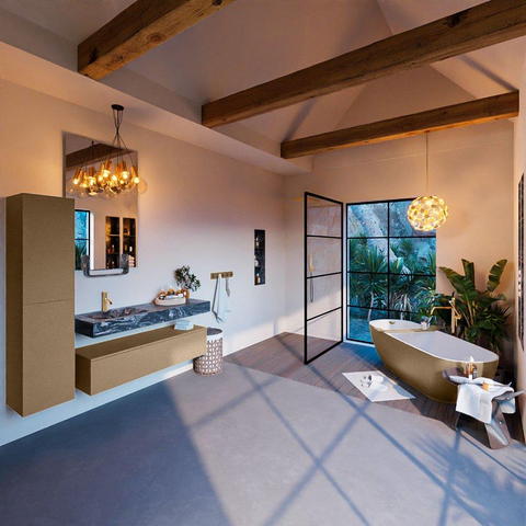 Mondiaz ALAN-DLUX Ensemble de meuble - 130cm - meuble Oro mat - 1 tiroir - Lavabo Cloud Lava suspendu - vasque Gauche - 1 trou de robinet SW808379