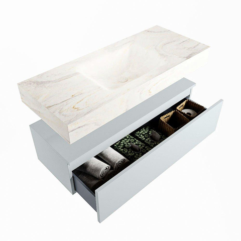 Mondiaz ALAN-DLUX Ensemble de meuble - 110cm - meuble - Clay mat - 1 tiroir - Lavabo Cloud Ostra suspendu - vasque Centre - 1 trou de robinet - Beige SW807858