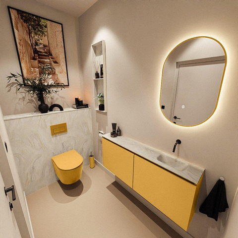 MONDIAZ TURE-DLUX meuble de toilettes 120 cm Ocher. EDEN lavabo Ostra position à droite. Sans trou de robinet. SW1104931