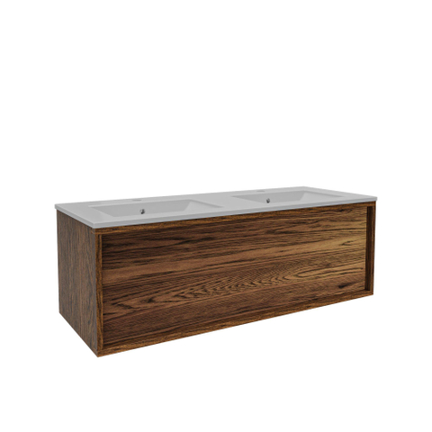 Saniclass Holz Frame Meuble de salle de bain - 120x45x40cm - lavabo en céramique blanc - 2 vasques - 2 trous de robinet - 1 tiroirs - Walnut pure SW1441848