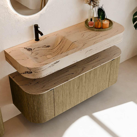 MONDIAZ THOR-DLUX 130cm meuble de salle de bains arrondi gauche + droite couleur Dusk avec 1 tiroir et 2 portes. Vasque suspendue CLOUD Gauche 1 trou de robinet couleur Arena. SW1463760