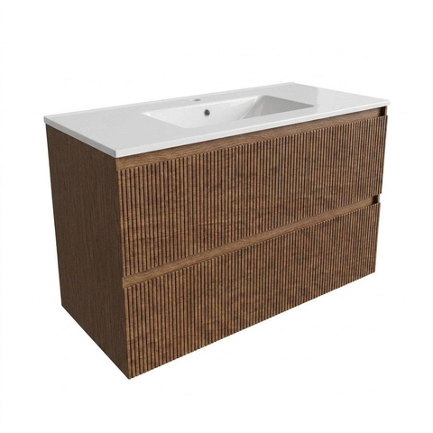 Saniclass Holz Atelier Meuble de salle de bain - 100x45x60cm - lavabo en céramique blanc - 1 vasque - sans trous de robinet - 2 tiroirs - Walnut pure SW1437730