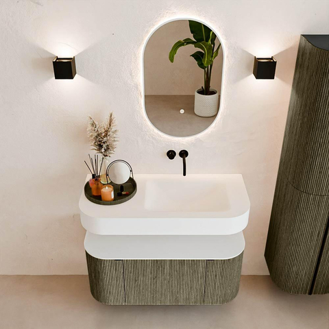 MONDIAZ THOR 100cm meuble de salle de bains arrondi gauche + droite couleur Shadow avec 1 tiroir et 2 portes. Vasque suspendue CLOUD Droite sans trou de robinet couleur Talc. SW1467440