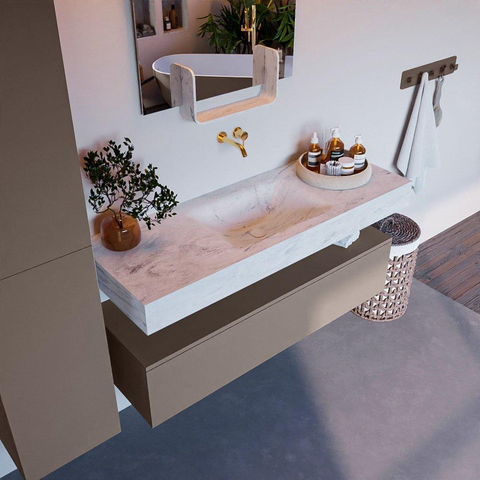 Mondiaz ALAN-DLUX Ensemble de meuble - 130cm - meuble Smoke mat - 1 tiroir - Lavabo Cloud Opalo suspendu - vasque Centre - 0 trous de robinet SW806350