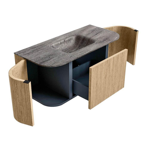 MONDIAZ KURVE-DLUX Meuble de salle de bains 100cm arrondi gauche + droite couleur chêne avec 1 tiroir et 2 portes. Lavabo GRUNNE central sans trou de robinet Oza. SW1432596