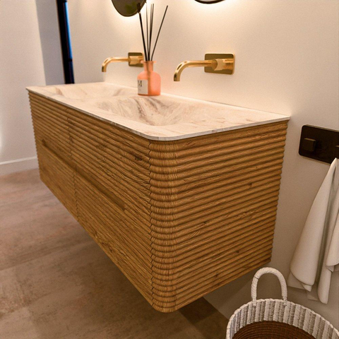 Mondiaz CIRO-DLUX Badkamermeubelset - 130x45x50cm - Solid surface wastafel Frappe - 2 wasbak Dubbel - zonder kraangaten - 4 lades - Oak SW1530874