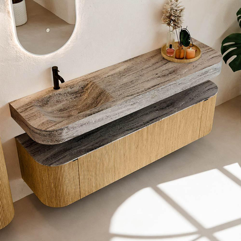 MONDIAZ THOR-DLUX 170cm badmeubel ronding links + rechts kleur Oak met 1 lade en 2 deuren. Vrijhangende wastafel CLOUD Links 1 kraangat kleur Oza. SW1465688