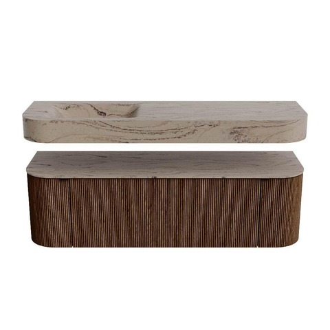 MONDIAZ THOR-DLUX 150cm meuble de salle de bains arrondi gauche + droite couleur Walnut avec 1 tiroir et 2 portes. Vasque suspendue CLOUD Gauche 1 trou de robinet couleur Arena. SW1464740