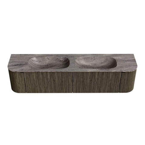 MONDIAZ KURVE-DLUX Meuble de salle de bains 190cm arrondi gauche + droite couleur Shadow avec 2 tiroirs et 2 portes. Plan-vasque STOR SMALL Double sans trou de robinet Oza. SW1432929