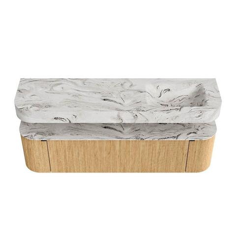 MONDIAZ THOR-DLUX 170cm badmeubel ronding links + rechts kleur Oak met 1 lade en 2 deuren. Vrijhangende wastafel CLOUD Rechts zonder kraangat kleur Glace. SW1465419