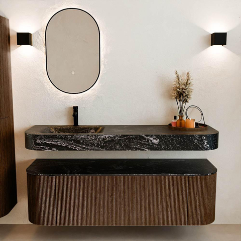 MONDIAZ THOR-DLUX 150cm meuble de salle de bains arrondi gauche + droite couleur Walnut avec 1 tiroir et 2 portes. Vasque suspendue CLOUD gauche 1 trou de robinet couleur Lava. SW1464635