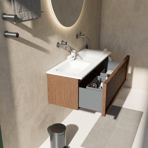 Saniclass Holz Frame Ensemble meuble de salle de bains - 120x45x57.5cm - lavabo Torino en solid surface blanc - sans trou de robinet - 1 tiroir - walnut pure mat (bois) SW1478673
