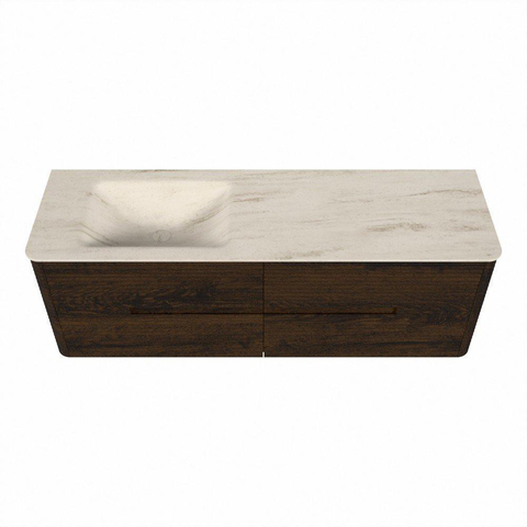 Mondiaz CIRO-DLUX Badkamermeubelset - 150x45x50cm - Solid surface wastafel Meli - 1 wasbak Links - zonder kraangaten - 4 lades - Walnut SW1530505