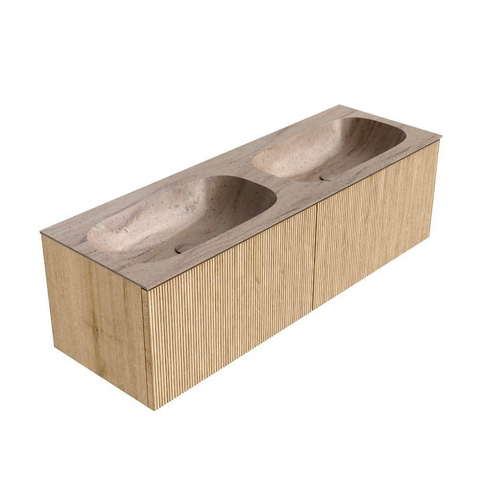 MONDIAZ KURVE-DLUX Meuble de salle de bains 140cm couleur Oak avec 2 tiroirs et 0 portes. Lavabo STOR SMALL Double 2 trous de robinet Saba. SW1433123