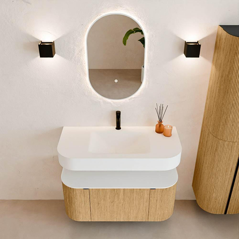MONDIAZ THOR 100cm meuble de salle de bains arrondi gauche + droite couleur Oak avec 1 tiroir et 2 portes. Vasque suspendue CLOUD Milieu 1 trou de robinet couleur Talc. SW1467341