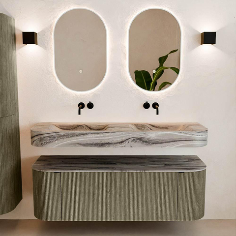 MONDIAZ THOR-DLUX 140cm meuble de salle de bains arrondi gauche + droite couleur Shadow avec 1 tiroir et 2 portes. Vasque suspendue CLOUD Double sans trou de robinet couleur Sombra. SW1464246