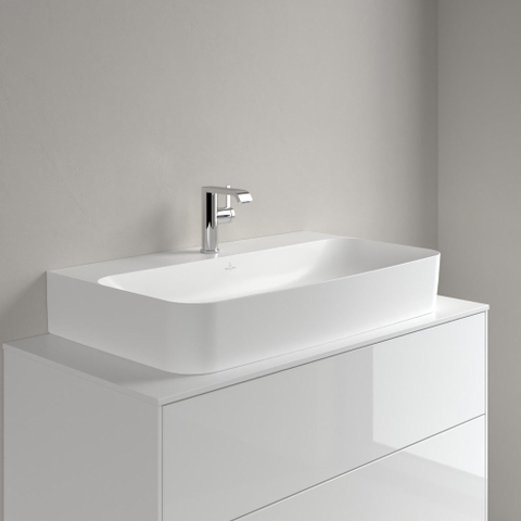 Villeroy & Boch finion wastafel onderzijde - geslepen - 1 kraangat - 80x47cm CeramicPlus - met verdekte overloop - Stone White (mat wit) SW209556