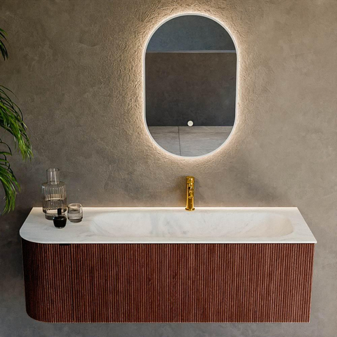 Mondiaz KURVE-DLUX Ensemble de meuble de salle de bains - 135x46x40cm - 1 tiroir - 1 porte - lavabo solid surface - droit - 1 trou de robinet - Ruby SW1415763