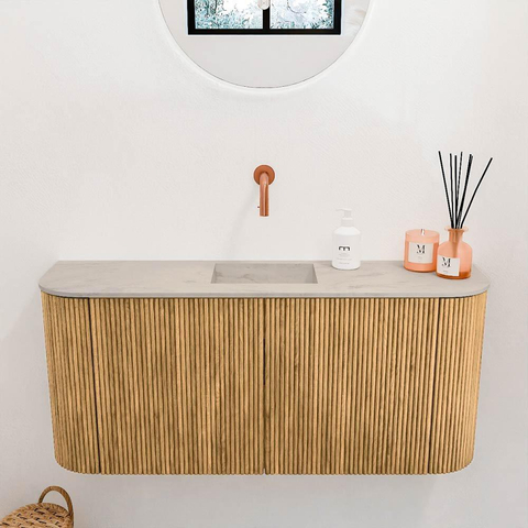 Mondiaz JOYA-DLUX 93.2cm toiletmeubel - ronding links en rechts kleur Oak - Wastafel FAYE positie Midden Zonder kraangat kleur Opalo. SW1422180