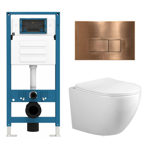 Adema Salina 2.0 Toiletset - 48.5x36x32cm - diepspoel - spoelrandloos - QeramiQ inbouwreservoir - softclose - quickrelease - toiletzitting - koperen metalen bedieningsplaat - rechthoekige knoppen - wit SW1474588