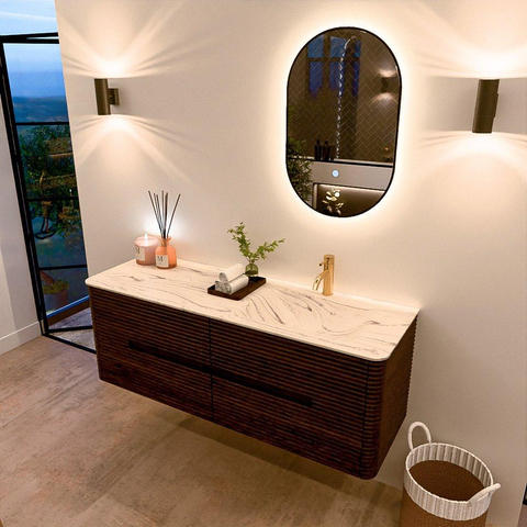 Mondiaz CIRO-DLUX Badkamermeubelset - 140x45x50cm - Solid surface wastafel Nata - 1 wasbak Rechts - 1 kraangat - 4 lades - Walnut SW1530555