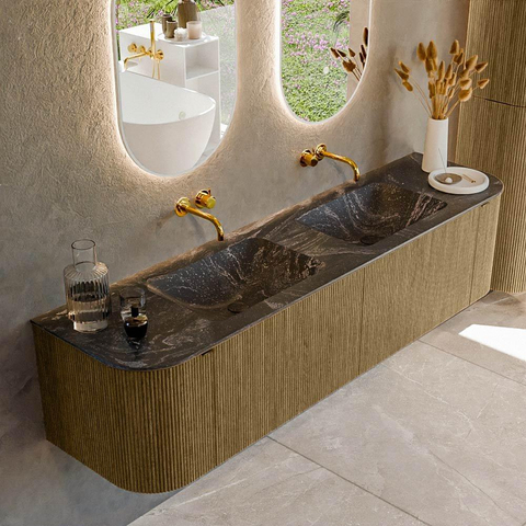 Mondiaz KURVE-DLUX Ensemble de meubles de salle de bains - 180x46x40cm - 2 tiroirs - 2 portes - lavabo solid surface - double - sans trou de robinet - Dusk SW1415546