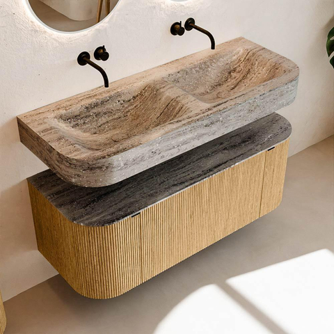 MONDIAZ THOR-DLUX 120cm badmeubel ronding links + rechts kleur Oak met 1 lade en 2 deuren. Vrijhangende wastafel CLOUD Dubbel zonder kraangat kleur Oza. SW1463380