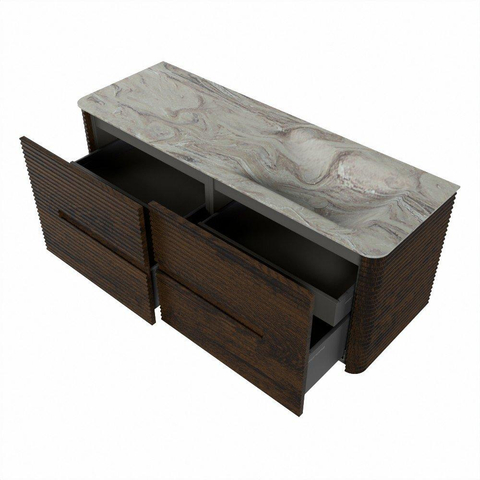 Mondiaz CIRO-DLUX Badkamermeubelset - 130x45x50cm - Solid surface wastafel Glace - 1 wasbak Rechts - 1 kraangat - 4 lades - Walnut SW1530237
