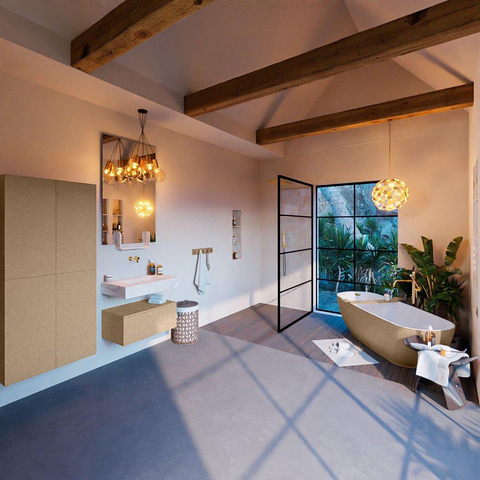 Mondiaz ALAN-DLUX Ensemble de meuble - 70cm - meuble Oro mat - 1 tiroir - Lavabo Cloud Ostra suspendu - vasque Centre - 0 trous de robinet SW807538