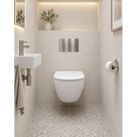QeramiQ Dely Swirl Compact Toiletset - inbouwreservoir QeramiQ flush - slim zitting - metalen bedieningsplaat RVS - rechthoekige knoppen - mat wit SW1590663