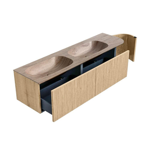 MONDIAZ KURVE-DLUX 165cm badmeubel ronding Rechts kleur Oak met 2 lades en 1 deur. Wastafel STOR SMALL Dubbel / Links 2 kraangaten Saba. SW1433125