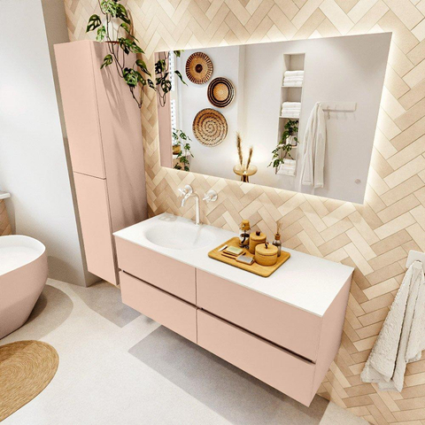 MONDIAZ VICA Ensemble meuble de salle de bains - 130cm - meuble bas rosee - 4 tiroirs - lavabo moon gauche - 1 trou de robinet - version haute 60cm - talc SW1080402