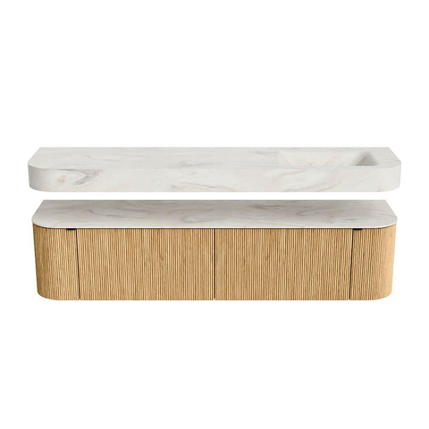 MONDIAZ THOR-DLUX 190cm badmeubel ronding links + rechts kleur Oak met 2 lades en 2 deuren. Vrijhangende wastafel CLOUD Rechts 1 kraangat kleur Ostra. SW1466399