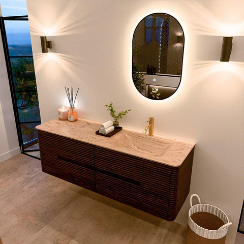 Mondiaz CIRO-DLUX Badkamermeubelset - 150x45x50cm - Solid surface wastafel Arena - 1 wasbak Rechts - 1 kraangat - 4 lades - Walnut SW1530470